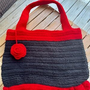 Red and black handmade crochet tote large bag.